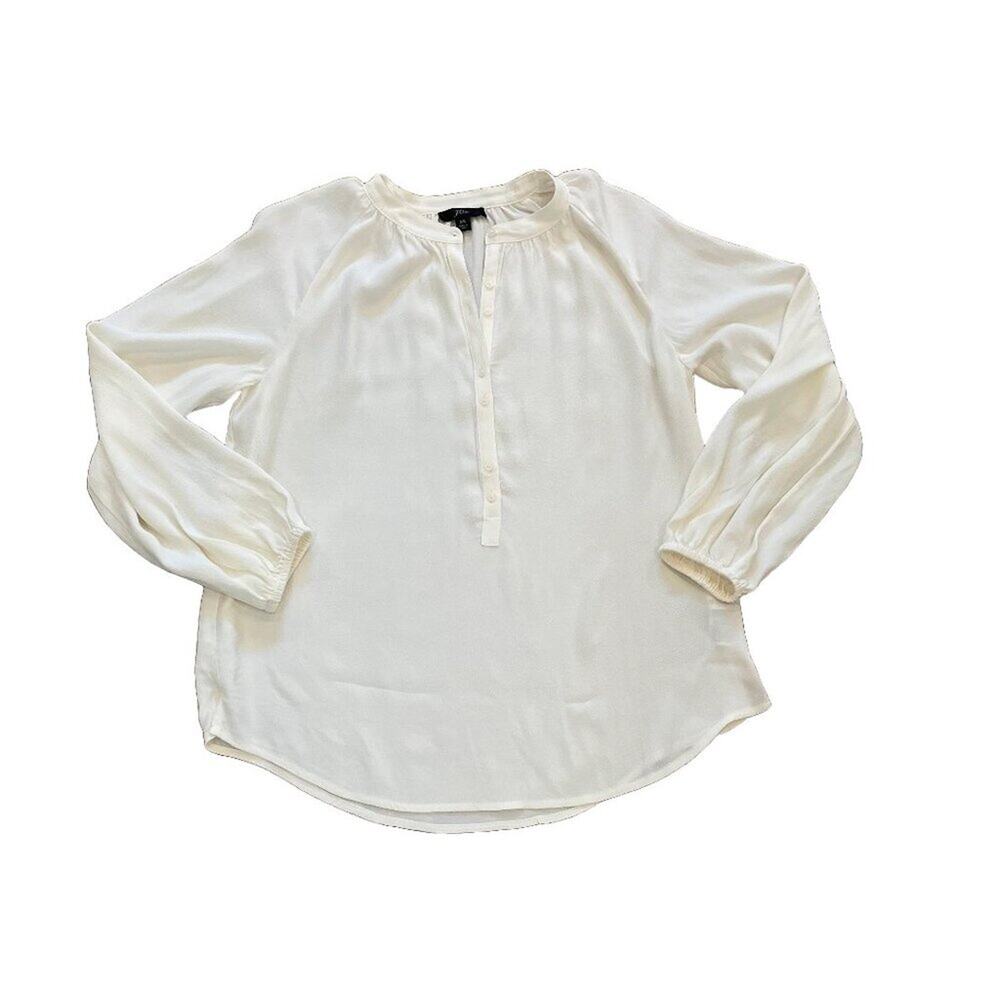 J. Crew Ivory Long Sleeve Popover Top/Blouse, V-Neck Buttons, XS